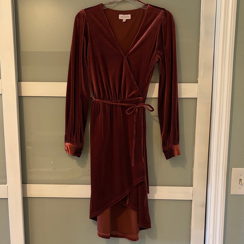 Women's Velvet Wrap High-Low Dress in Burgundy